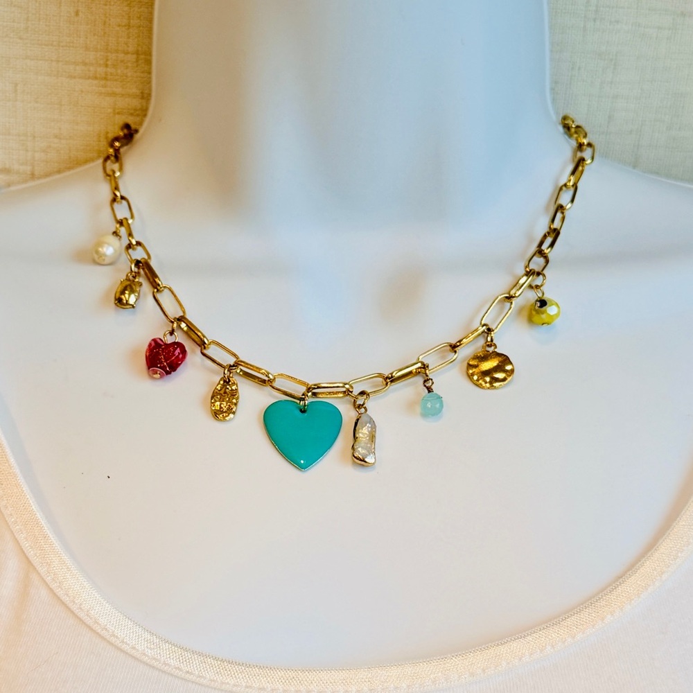 Gold Link Charm Necklace with Turquoise enamel Heart charm Pendant. Cutie